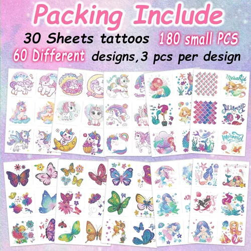 Miniatura 7 de Tatuajes de unicornio de sirena con purpurina para niñas, 180 tatuajes de mariposa individualmente con purpurina temporal para niños, diseño