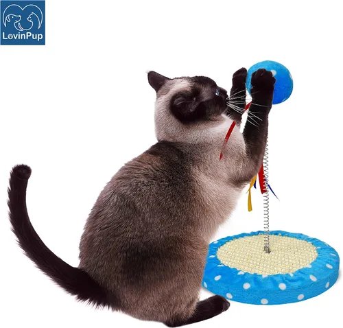 Miniatura 4 de Pequeño árbol de juguete rascador para gatos con pelota – Juguetes para gatos rascadores de interior con cintas coloridas + base duradera – Juguetes