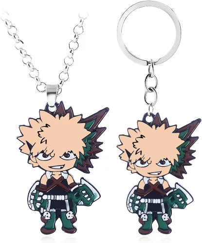 MHA Bakugo Charm Keychain Necklace Set - Anime Characters Deku Todoroki Pendant Necklace - Christmas Cosplay Gifts for Kids Girls Teens Women Men