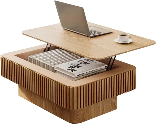 Miniatura 17 de Mesa de café cuadrada pequeña con almacenamiento, mesa de café moderna de madera con chapa de madera maciza, mesa central estriada