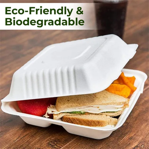Miniatura 6 de Contenedores biodegradables para llevar de 9 pulgadas, paquete de 100, cajas compostables para llevar con tapa con bisagras integrada