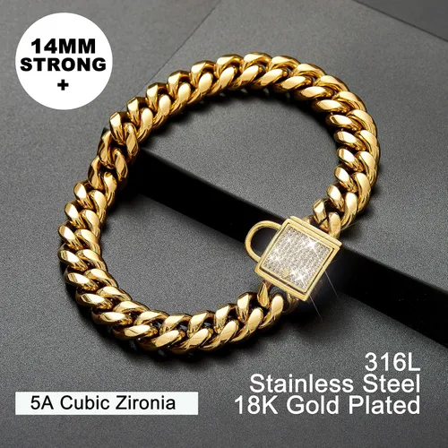 Miniatura 4 de Collar de cadena para perro con cierre de circonita cúbica de 0.551 in, acero inoxidable, chapado en oro de 18 quilates, cadena cubana