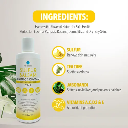 Miniatura 7 de Dr. Robaina Champú de azufre y gel de baño – Ayuda a calmar la caspa, la dermatitis seborreica, la foliculitis y la picazón del cuero cabelludo