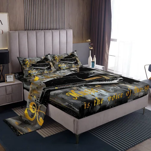 Homewish Juego de sábanas de música de piano, tamaño Queen, juego de ropa de cama de notas musicales de 4 piezas para decoración de habitación de