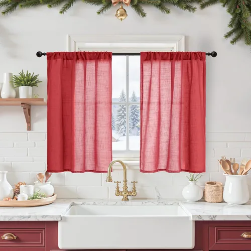 Miniatura 109 de BGment Cortinas de lino café de 30 pulgadas de largo para ventana pequeña, cortinas de media ventana beige semitransparentes ligeras con bolsillo