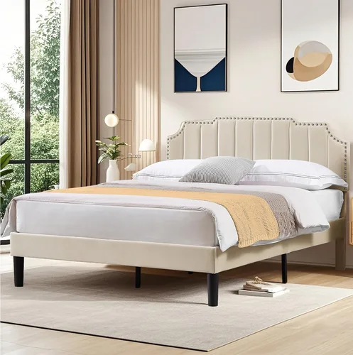 Miniatura 16 de VECELO Base de cama tapizada de terciopelo tamaño Queen con ribete de clavos, cabecera ajustable en altura copetuda, cama vintage con listones