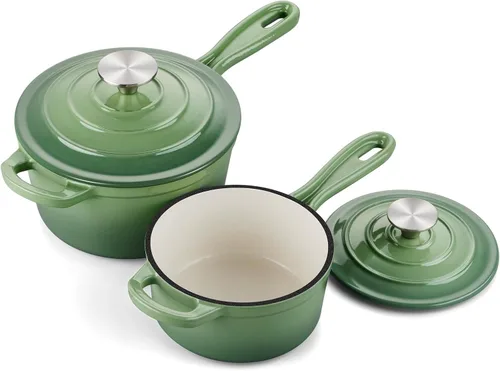 Miniatura 31 de Onader Sartén de hierro fundido esmaltado, cacerola pequeña de 1 cuarto de galón con tapa, olla de hierro fundido, horno holandés esmaltado, Blanco