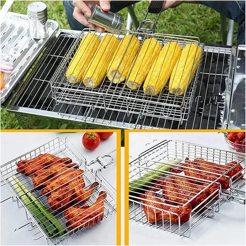 Miniatura 4 de Parrilla de carbón para barbacoa, parrilla portátil, cesta grande, acero inoxidable, parrilla, verduras, pescados, camarones, parrilla de carbón