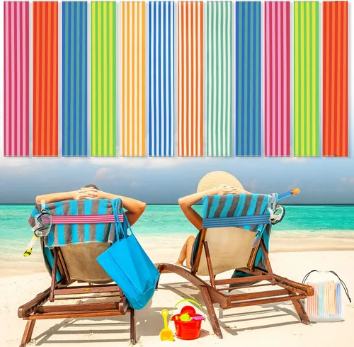 Tessco Paquete de 12 toallas para sillas de playa, sillas de piscina y cruceros, elásticos, resistentes al viento, clips para toallas de playa,