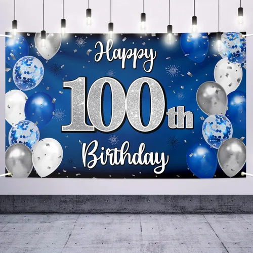 Decoración de feliz cumpleaños número 100, globo azul y plateado grande cartel de fondo de cumpleaños de 100 años - Suministros para fiesta de