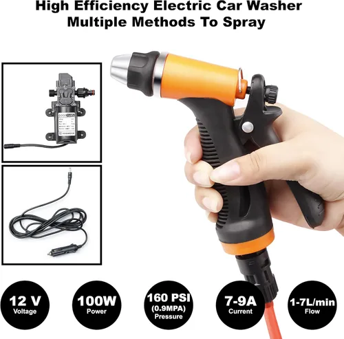 Miniatura 3 de Bomba de hidrolavadora eléctrica inteligente portátil de 100 W, 160 PSI, 12 V, potente kit de lavado de presión portátil con manguera de PVC de 21.3
