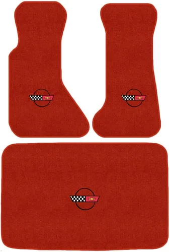 Avery's Floor Mats Juego de 3 alfombrillas compatibles con Corvette Convertible 1984-1996 con logotipo de bandera C4 negra, color rojo