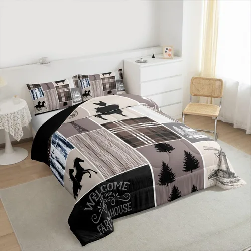 Miniatura 184 de Juego de edredón de oso y ciervo, tamaño individual, ropa de cama de animales salvajes de caza, colcha rústica de cabaña, casa de campo, cuadros