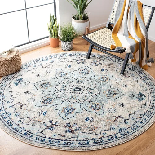 Miniatura 40 de Safavieh Madison Collection (MAD473M) Tapete redondo de 4 pies, azul y azul claro, diseño chic y bohemio desgastado de medallón, no pierde fibras