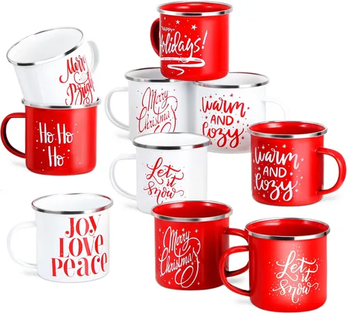 Miniatura 10 de Uiifan 10 Piezas Tazas de Esmalte de Navidad a Granel Lindas de 12 oz Acero Galvanizado Festivas Divertidas Novedosas Taza de Café Feliz Navidad