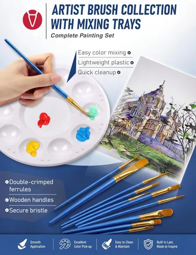 Miniatura 4 de DUGATO Juego de pinceles y paleta de pintura para artistas, 20 pinceles de nailon (varios tamaños y formas) con 5 bandejas de mezcla, ideal para Azul
