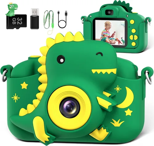 Cámara para niños, Cámara digital para niños pequeños de dinosaurio para niños de 3 a 12 años, regalos de Navidad y cumpleaños, cámara de video HD