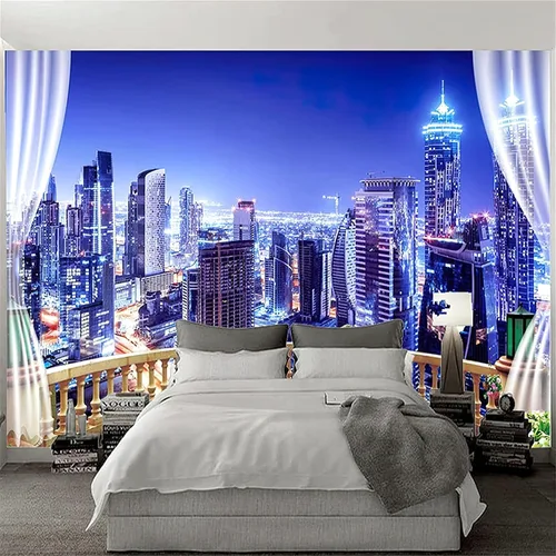 Miniatura 2 de Hermoso papel tapiz 3D con vista nocturna de la ciudad, vista nocturna fuera de la ventana, papel tapiz fotográfico para sala de estar, dormitorio