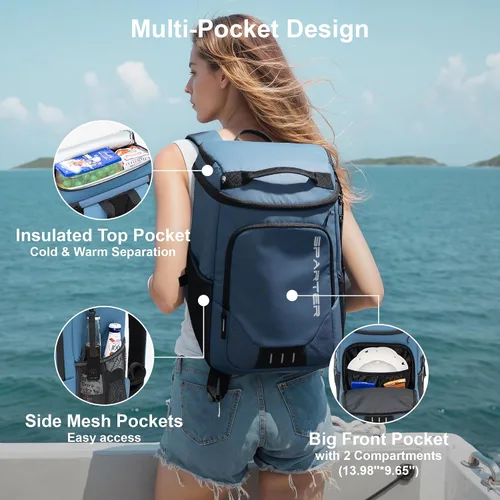 Miniatura 4 de SPARTER - Mochila enfriadora aislada a prueba de fugas para 33/49 latas, bolsa térmica con 2 compartimentos aislados, mochila de playa, viaje, Azul