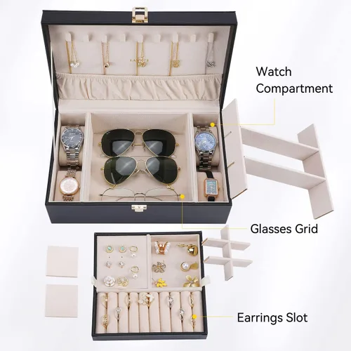 Miniatura 4 de LANDICI Joyero organizador para mujeres y niñas estuche grande de 2 capas para hombres con bandeja extraíble soporte de almacenamiento de joyas