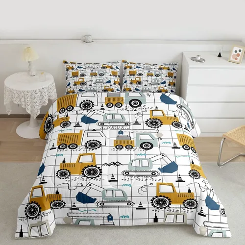 Miniatura 31 de Feelyou Juego de edredón de coche de dibujos animados para niños, edredón de construcción para niños, juego de ropa de cama de camiones y equipos