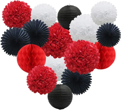 Miniatura 10 de ADLKGG Juego de 16 piezas de decoración de fiesta colgante azul marino, rojo y blanco, pompones de papel de seda, flores, bolas de panal, linternas