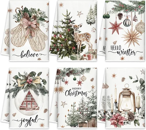FuWeave Toallas de Cocina Navideñas Beige Paños de Cocina con Árbol Navideño Toallas de Mano Decorativas Hello Winter Absorbentes Pelota de Guantes