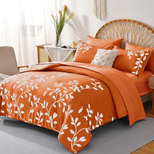 Juego de edredón tamaño Queen de 7 piezas - Juego de edredón con estampado floral botánico en naranja, juego de edredón Queen con sábanas, ropa de