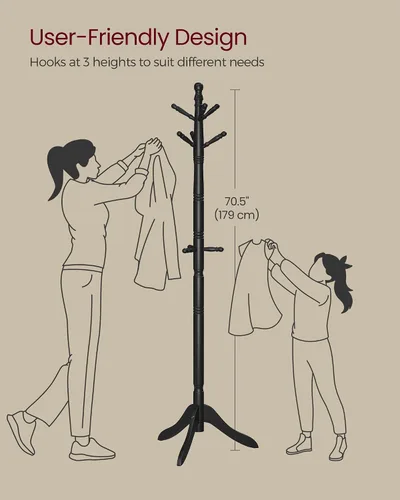 Miniatura 5 de VASAGLE Perchero de madera maciza y soporte, árbol de pasillo independiente con 10 ganchos para sombreros, bolsos, carteras, para entrada, pasillo