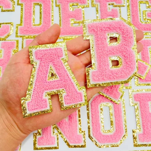 Miniatura 2 de Jongdari Letras termo-adhesivas de felpilla para ropa, parche del alfabeto con purpurina y adhesivo planchado, 26 unidades, color rosa