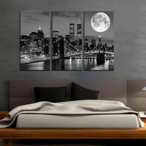 Miniatura 2 de Biuteawal Arte de pared de horizonte de Nueva York, puente de Brooklyn, luna y vista nocturna, lienzo impreso en lienzo de ciudad en blanco y negro