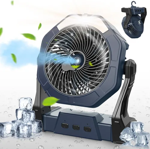 Miniatura 9 de Ausic Ventilador de camping portátil de niebla, ventilador de enfriamiento al aire libre de 8 pulgadas con luz LED, espray de agua, gancho