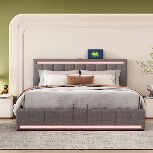 Miniatura 23 de Cama de plataforma tapizada de tamaño individual con barandilla, cabecera de almacenamiento y estribo, para niños, adolescentes y adultos, uso