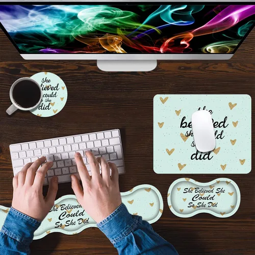 Miniatura 4 de Juego de reposamuñecas ergonómico para teclado y alfombrilla para mouse [4 piezas], She Believed She Could So She Did, base de goma antideslizante