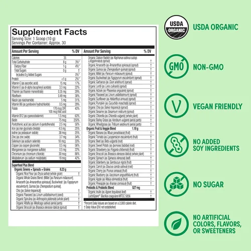 Miniatura 4 de Purely Inspired Organic Greens Powder Superfood Smoothie Mix, sin sabor (30 porciones) – Super Greens con probióticos, espirulina y clorella