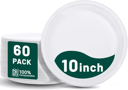 Miniatura 11 de DaYammi Platos de papel 100 % compostables de 9 pulgadas, paquete de 60 platos de papel resistentes a granel, bagazo biodegradable, plato desechable