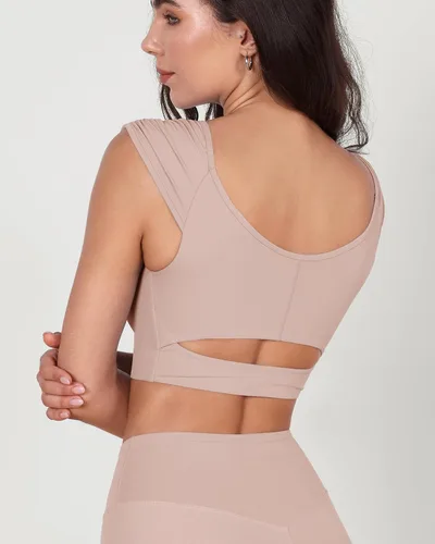 Miniatura 27 de ODODOS Camiseta corta sin mangas con cuello en V y frente fruncido para mujer, recortada en la espalda, manga casquillo