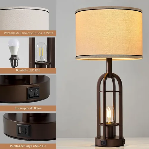 Miniatura 5 de SRJJA Juego de 2 lámparas de mesa de granja para sala de estar y dormitorio, lámparas de noche industriales rústicas para mesitas de noche con USB