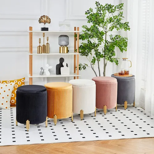 Miniatura 8 de Otomana Redonda Reposapiés con Almacenamiento y Patas de Metal para Sala de Estar y Dormitorio, Reposapiés Tapizado de Terciopelo Soporta 300 libras