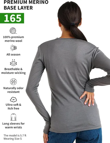 Miniatura 2 de Merino.tech Capa base de lana merina para mujer, 100% lana merina, ligera, de peso medio, manga larga, camisas térmicas + calcetines de lana