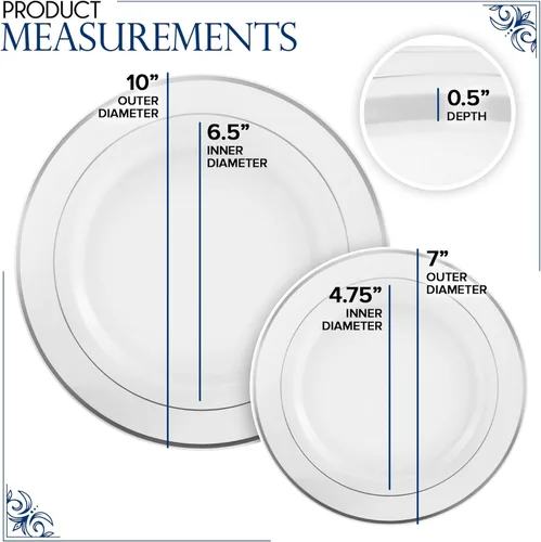 Miniatura 3 de Juego de platos desechables para cena y postre, 200 piezas (10 + 7 pulgadas), elegantes platos de plástico blanco y plateado para fiestas y bodas