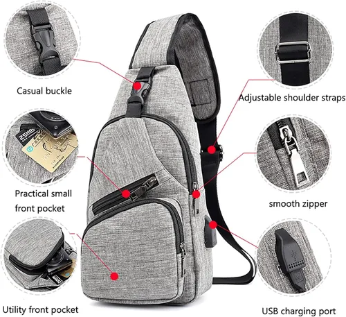 Miniatura 3 de Bolso bandolera para mujeres y hombres, mochila deportiva, bolsas de hombro, bolsa de viaje, senderismo, bolsa de pecho de moda con USB, C-gris