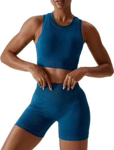 Miniatura 84 de Conjuntos de entrenamiento para mujer, 2 piezas, sin costuras, acanalada, sin mangas, brasier deportivo, cintura alta, pantalones cortos