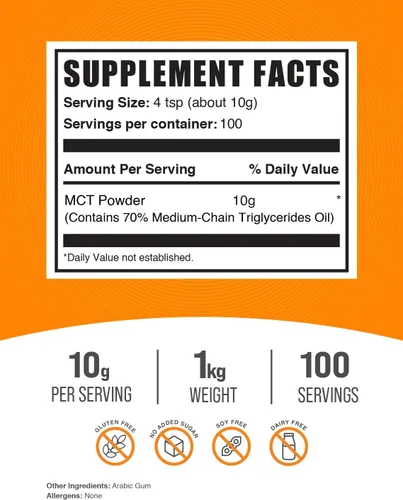 Miniatura 2 de BulkSupplements. com MCT Powder - Triglicéridos de cadena media, aceite en polvo MCT, suplemento energético, sin gluten, 0.35 oz por porción, 2.2