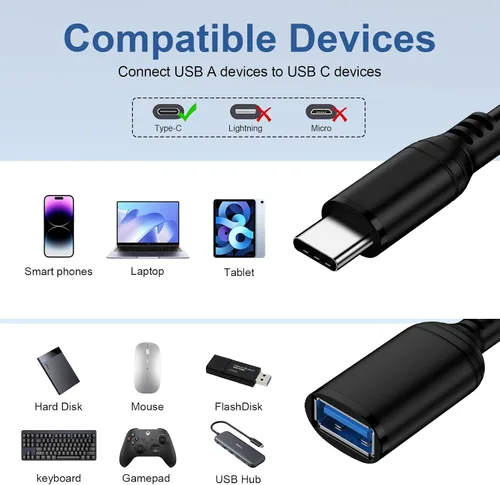 Miniatura 7 de Cable adaptador USB a USB C tipo C OTG cable para iPhone 17e 17 Pro Max 17 Pro 17 Air 16 Plus 15, USB A hembra a USB C macho OTG cable adaptador