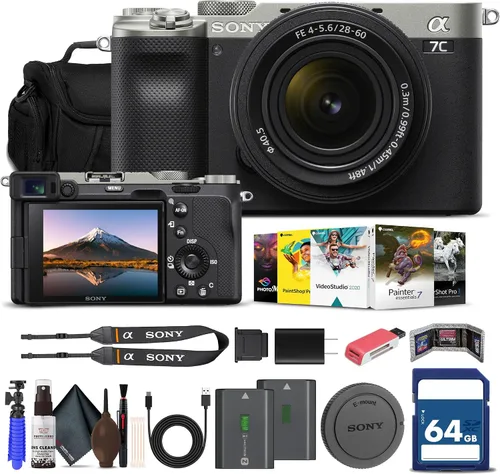 Sony Cámara digital Alpha a7C sin espejo con lente de 1.102-2.362 in (plateado) (ILCE7CL/B) con tarjeta de memoria de 64 GB, batería NP-FZ-100,