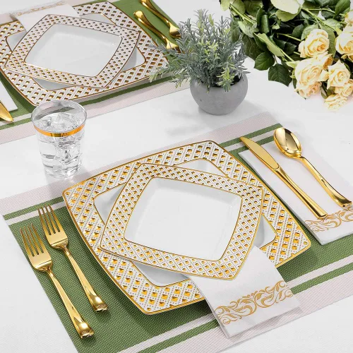 Miniatura 5 de FOCUSLINE Juego de vajilla dorada de 175 piezas para 25 invitados - Platos cuadrados de plástico con borde de diamante, incluye 25 platos Placas