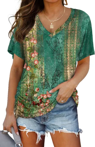 Miniatura 33 de WIHOLL - Camisetas de manga corta con cuello en V para mujer, holgadas, con fruncido lateral