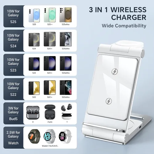 Miniatura 9 de Cargador inalámbrico para Samsung Estación de carga inalámbrica 3 en 1 Soporte de cargador inalámbrico plegable para Galaxy S25 S24 S23 S22 S21 Gris