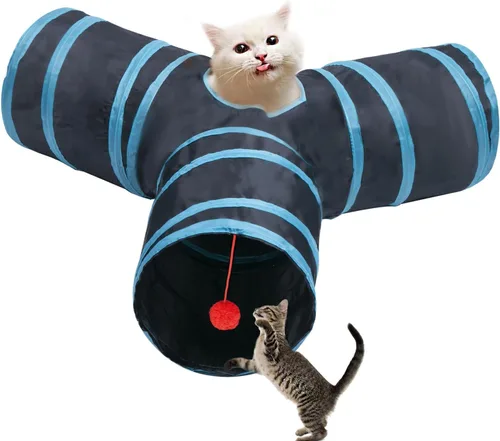 Túnel para gatos, tubos de juguete, túneles para gatos de interior, juguete interactivo plegable de 3 vías en azul con bolas para conejos, gatitos,